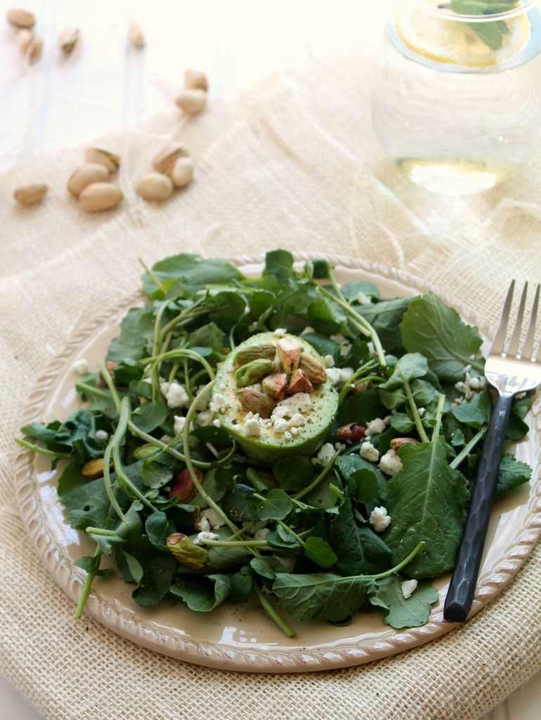 Watercress, avocado, pistachio and goat cheese salad via JennySheaRawn.com