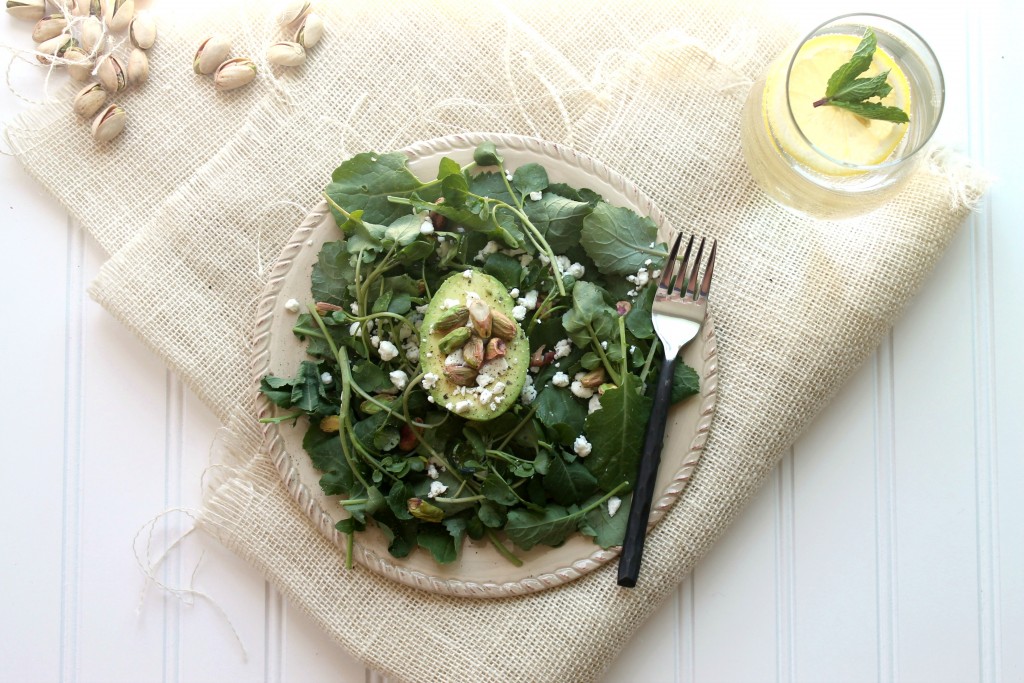 Watercress, avocado, pistachio and goat cheese salad via JennySheaRawn.com