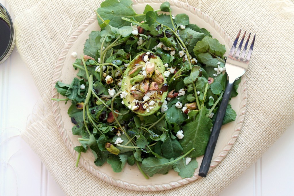 Watercress, avocado, pistachio and goat cheese salad via JennySheaRawn.com