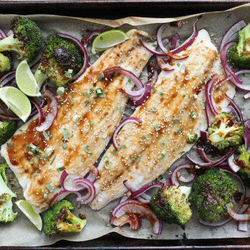 Sheet Pan Teriyaki Baked Striped Bass & Broccoli Jenny Shea Rawn