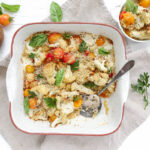 A recipe and image for a cauliflower caprese casserole.