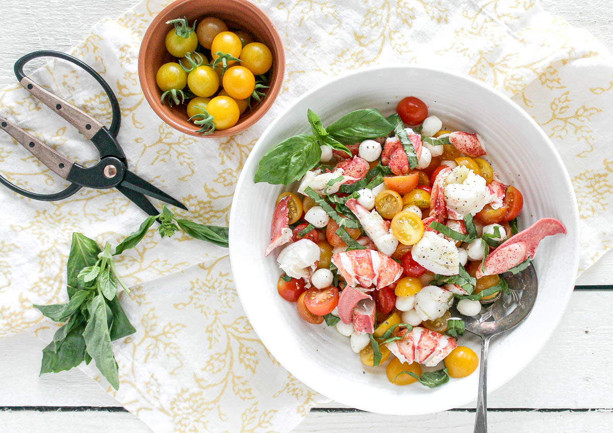 An overhead image of a lobster caprese salad recipe
