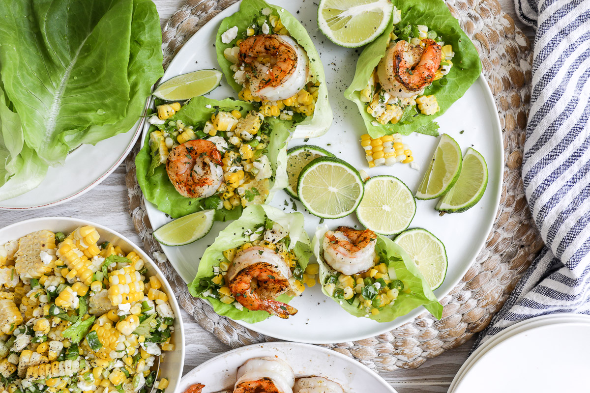 An overhead image of lettuce cups with shrimp