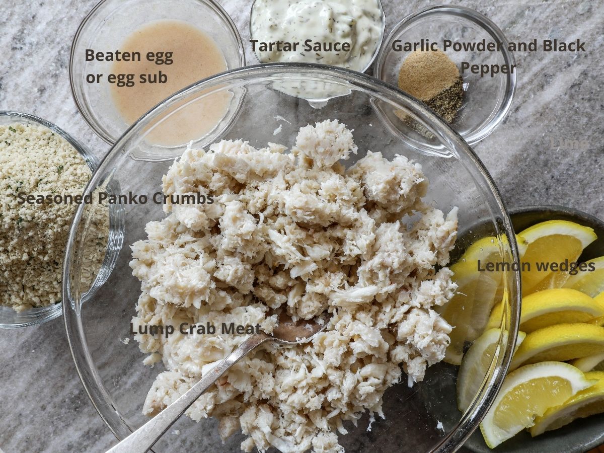 An image of ingredients needed to make air fryer crab cakes,