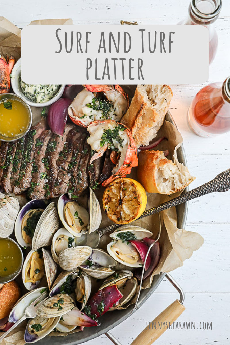 A pin of a recipe for a surf and turf platter
