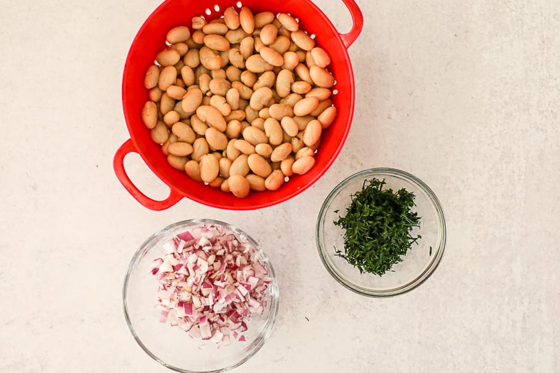 An overhead image of white beans, dill and diced red onion.