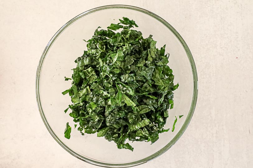 An overhead image of sliced kale.