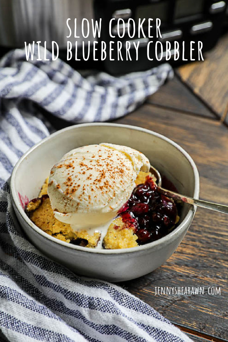 A recipe pin of a wild blueberry cobbler made in a slow cooker.