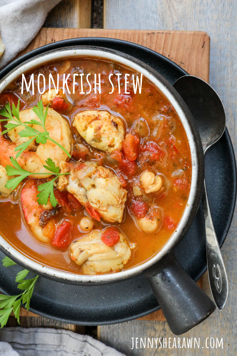 A pin of a fish stew using monkfish, shrimp, kelp and chickpeas.