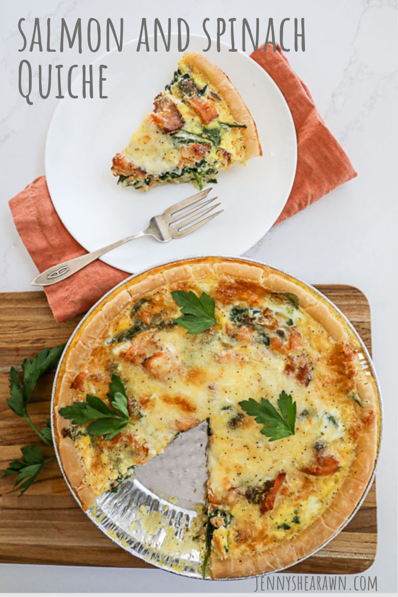 A pin for a recipe for Salmon and Spinach Quiche.
