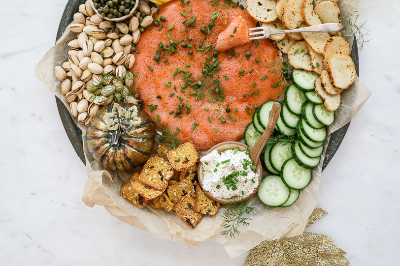 An overhead image of a smoked salmon platter.