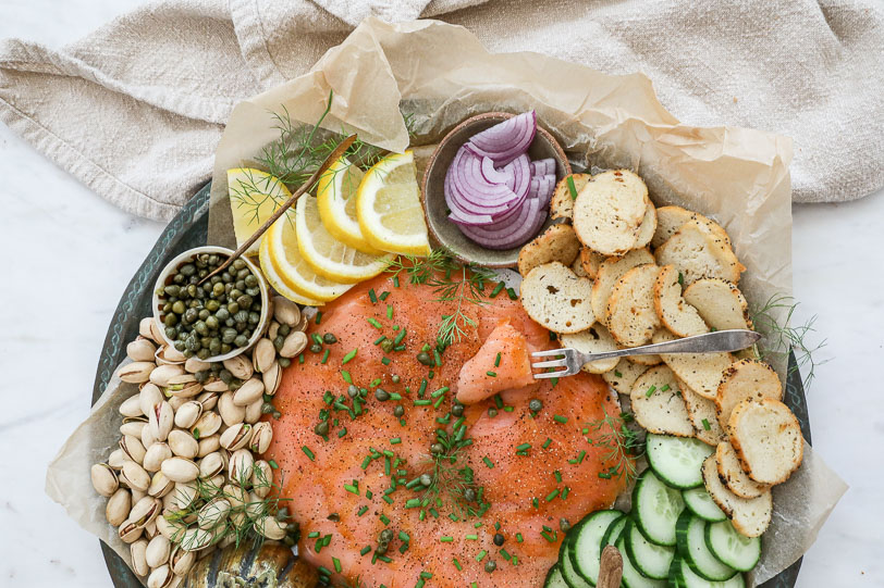 An image of a smoked salmon seacuterie board. 