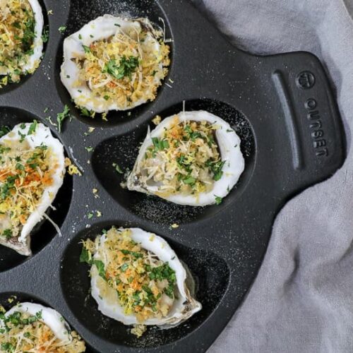 An overhead image of roasted oysters.