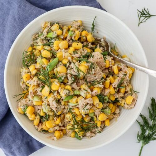 An image of a corn and tuna salad.