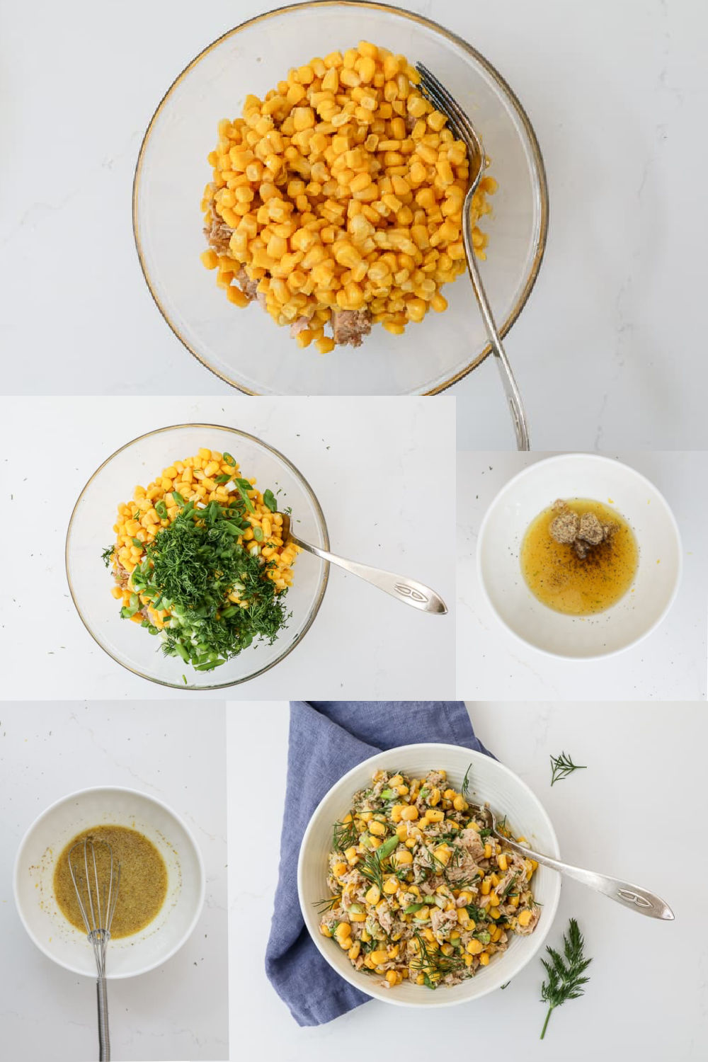 A collage of images on how to make tuna corn salad. 