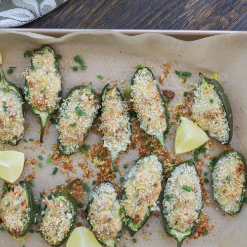 An overhead image of jalapeno poppers with crab.