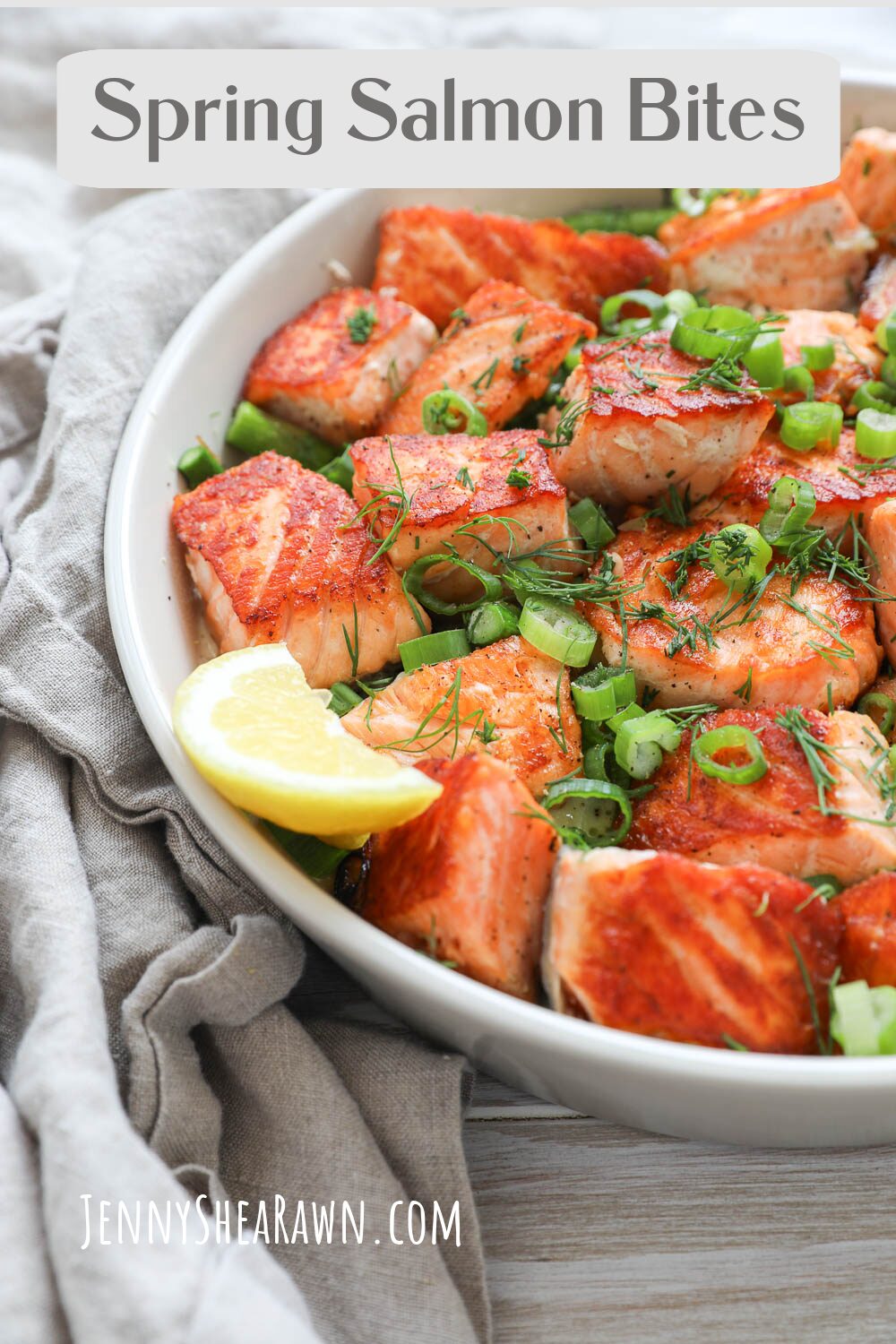 A recipe for spring salmon bites in a cream sauce with asparagus.